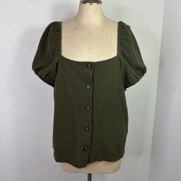 Madewell Tops - Madewell Jacquard square-neck puff sleeve top Green Size L, button front, casual